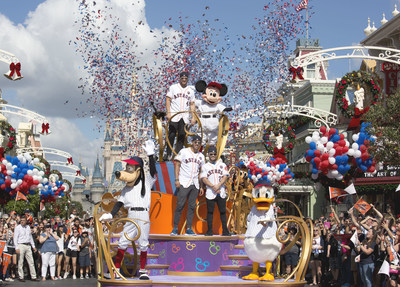 Houston Astros star players (top, then bottom l-r) World Series MVP George Springer, All-Star Carlos Correa and American League batting champion Jose Altuve lead off a World Series victory parade Saturday, Nov. 4, 2017, at Magic Kingdom Park in Lake Buena Vista, Fla. The Walt Disney World Parade saluted the team's first world title in its 56-year history. (Gregg Newton, photographer)
