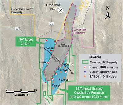 Figure 1: Location of the phase 1 drill holes relative to previous drilling (CNW Group/Advantage Lithium Corp)