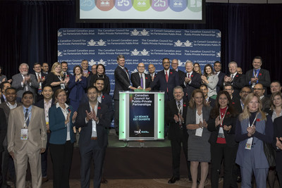 Mark Romoff, President & CEO, The Canadian Council for Public-Private Partnerships (CCPPP), joined Loui Anastasopoulos, President, TSX Trust and Managing Director, TSX Company Services, TMX Group, to open the market to launch their 25th Annual CCPPP National Conference. Established in 1993, the CCPPP is a national non-profit member-based organization with representation across the public and private sectors. The Council, which has over 400 member-organizations, facilitates the adoption of international best practices, and educates stakeholders and the community on the economic and social benefits of public-private partnerships. Their 25th Annual CCPPP National Conference will be held at the Sheraton Centre Hotel in Toronto on November 6 & 7. (CNW Group/TMX Group Limited)