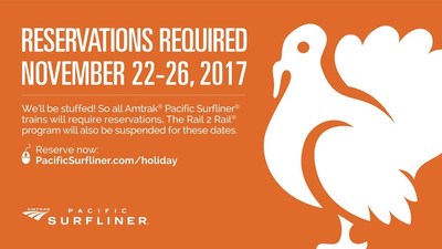 Thanksgiving week is an extremely busy time onboard all Pacific Surfliner trains, so reservations are required from Wednesday, November 22 through Sunday, November 26, 2017.