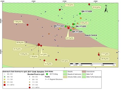 Figure 4 : Secteur Centre : localisation des trous de forage et chantillons significatifs en surface en 2017 (Groupe CNW/RNC Minerals)
