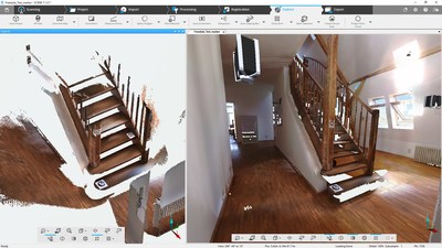 FARO SCENE 7.1 screenshot: the left view displays FARO Freestyle 3D Scanner data only, the right view displays the project registered from both the Freestyle 3D and FARO Focus Laser Scanner.