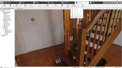 Captura de tela do SCENE 7.1, com os marcadores do Freestyle3D detectados automaticamente em um projeto registrado pelo Freestyle3D e pelo Laser Scanner Focus 3D.