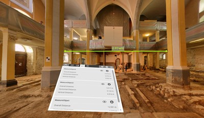 SCENE 7.1 Proyecto de escaneo 3D de la iglesia Herder en un entorno de Realidad Virtual (VR), medición de una distancia en vista VR.