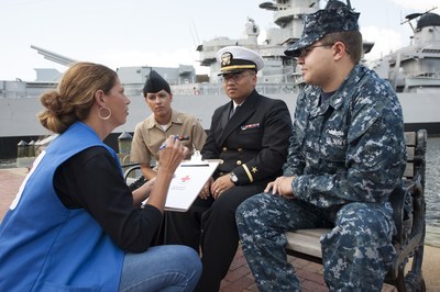 US Navy service members in Norfolk, Virginia talking with Red Cross worker Theresa Soska. Photo by Mike Murdock/American Red Cross