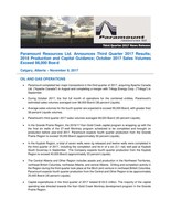 Paramount Resources Ltd. Announces Third Quarter 2017 Results; 2018 Production and Capital Guidance; October 2017 Sales Volumes Exceed 98,000 Boe/d (CNW Group/Paramount Resources Ltd.)