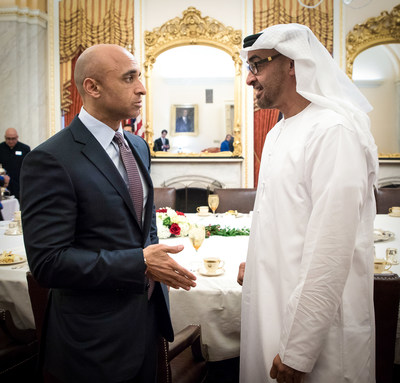 His Highness Sheikh Mohamed bin Zayed Al Nahyan, Crown Prince of Abu Dhabi and Deputy Supreme Commander of the United Arab Emirates Armed Forces (R) in discussion with His Excellency Yousef Al Otaiba (L) on Capitol Hill earlier this year.