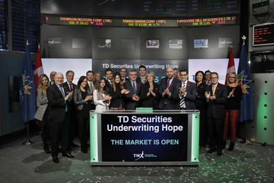 Martine Irman, Vice President, TDBG & Vice Chair, TD Securities, along with Gary Nevision & Sharon Kim, TD Securities Underwriting Hope, Co-Chairs, joined Nick Thadaney, President and CEO, Global Equity Capital Markets to open the market to raise awareness of the Underwriting Hope campaign. Over the past 20 years, TD Securities employees have donated CAD $18 million to charities with a focus on children and youth. Over 250 organizations have been on the receiving end of these donations, each one nominated by TD Securities employees who have donated their time or money, to the cause they support. (CNW Group/TMX Group Limited)