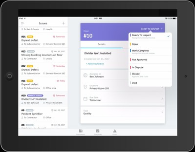 Contractors and trades can view a list of project issues on Apple or Android tablets and phones, add details, and move through approval steps.