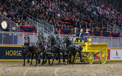 Blue Ribbon Days Percherons, driven by Dean Woodbury and owned by the Albert Cleve and Jim Day families, won the $25,000 Royal Six-Horse Draft Championship on closing night of the 2017 Royal Horse Show in Toronto, ON. Photo by Ben Radvanyi Photography (CNW Group/Royal Agricultural Winter Fair)