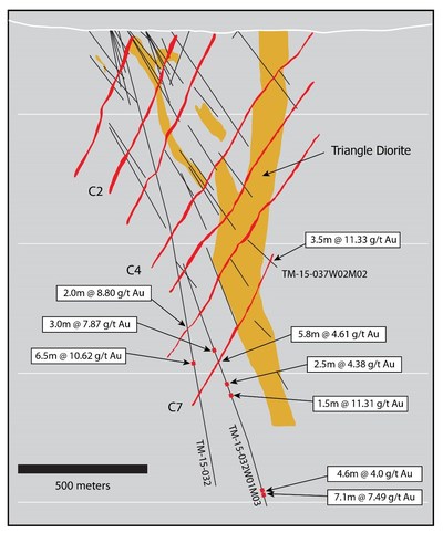 Figure 2: Cross section 296575E through the Triangle deposit showing partial results of new drilling targeting the C7 zone and deeper mineralized shear zones. Thickness shown are drillhole intercept lengths; individual assay grades are capped at 30 g/t Au. (CNW Group/Eldorado Gold Corporation)