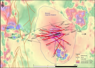Figure 3: Map of the Bolcana gold-copper porphyry project area showing reduced-to-pole magnetic signature overlain by projected traces of 2017 drillholes and mineralized intervals reported in this release. (CNW Group/Eldorado Gold Corporation)