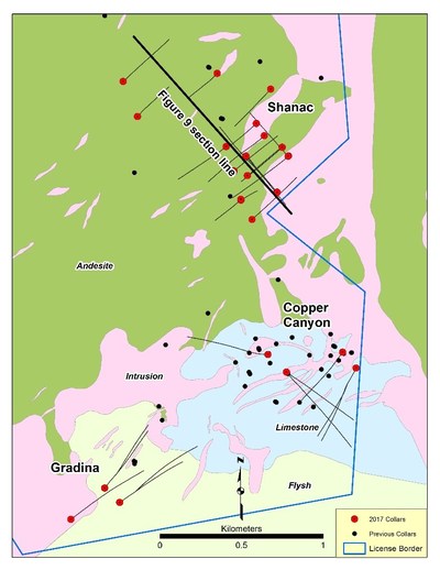 Figure 8: Geological map of the KMC project area showing locations of mineralized zones targeted in 2017 exploration drilling programs. (CNW Group/Eldorado Gold Corporation)
