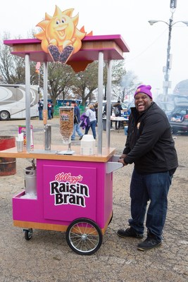 Spice Adams, a retired professional football player, teams up with Kellogg's Raisin Bran to help tailgaters in Chicago start their day "Sunny" by surprising them with a mobile game day breakfast cart, complete with milk-dispensing keg, on November 12, 2017.