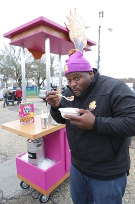 Spice Adams, a retired professional football player, teams up with Kellogg's Raisin Bran to help tailgaters in Chicago start their day "Sunny" by surprising them with a mobile game day breakfast cart, complete with milk-dispensing keg, on November 12, 2017.
