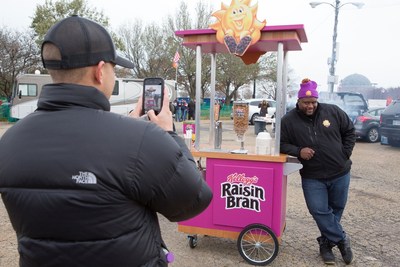 Spice Adams, a retired professional football player, teams up with Kellogg's Raisin Bran to help tailgaters in Chicago start their day "Sunny" by surprising them with a mobile game day breakfast cart, complete with milk-dispensing keg, on November 12, 2017.