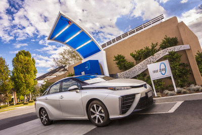 Un Toyota Mirai cargando combustible en una estación de hidrógeno de True Zero para vehículos de células de combustible en California