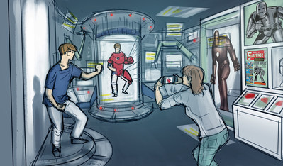 Tony Stark’s Lab is one of many different settings in which visitors can immerse themselves and interact with their favorite characters. Concept artwork by Studio TK.