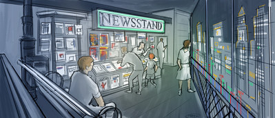 The exhibit is brought to life through numerous walk-in scenes, borrowed straight up from the comic world. It all begins with a leap back in time, to a New York City – style street scene of the 1940s housing a classic newsstand – the key venue that paved the path to success for Marvel’s comic books. Concept artwork by Studio TK.