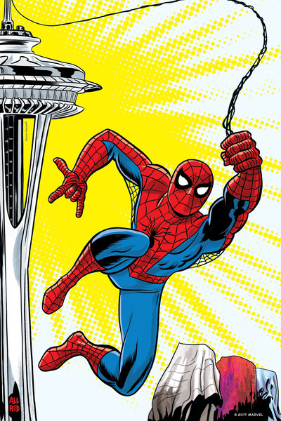 MoPOP and SC Exhibitions commissioned several renowned Marvel artists to create a series of posters for the Seattle show which will be released over the months to come. Michael Allred’s interpretation shows Spider-Man swinging from the iconic Space Needle. The exclusive artwork will be featured in MoPOP’s advertising campaign in spring 2018. Space Needle ® ©2017 MARVEL