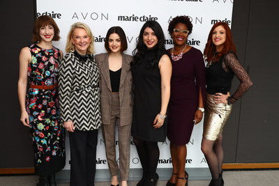 Jessica Pels, Digital Director, MarieClaire.com, Betty Palm, President of Social Selling, Avon, Avon Brand Ambassador Lucy Hale, and three Avon Representatives: Ivanna Diaz-Hansen, Donna Reid-Mitchell and Lydia Osolinsky attend the Marie Claire & Avon #BeautyBoss Luncheon at The Hearst Tower.