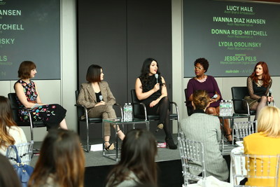 Panel moderator Jessica Pels, Digital Director, MarieClaire.com and panelists Lucy Hale, Avon Brand Ambassador, and three Avon Representatives: Ivanna Diaz Hansen, Lydia Osolinsky, Donna Reid-Mitchell in discussion about beauty, technology and  entrepreneurialism.