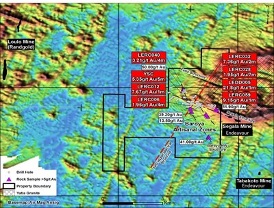 Figure 1. Airborne analytical signal magnetics image of Segala West permit showing all major open pits, significant historical drill intercepts and significant values from recent grab sampling programs (CNW Group/Desert Gold Ventures Inc.)