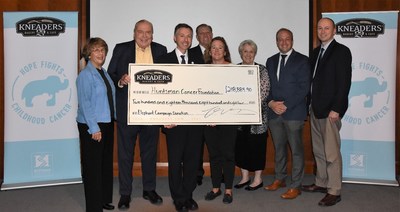 Kneaders Bakery & Cafe presented Huntsman Cancer Institute and Huntsman Cancer Foundation with a check for $218,884, donated by customers to support childhood cancer research in Salt Lake City, Utah on Nov. 14. Left to right are Karen Huntsman and Jon Huntsman Sr., Dr. Joshua Schiffman and his wife Maureen Schiffman, Kneaders’ founders, Gary and Colleen Worthington, CEO James Worthington and President & CFO David Vincent. Also in attendance was Susan Sheehan, president & COO of Huntsman Cancer Foundation.