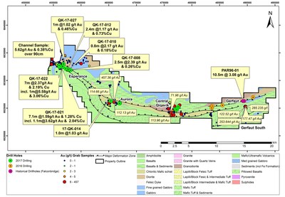 Figure 1: Drilling and Prospecting Highlights from the 2017 Work Program on the Qiqavik Property (Note that grab samples are selective by nature and values reported may not be representative of mineralized zones. Also note drill intervals reported in this news release are down-hole core lengths as true thicknesses cannot be determined with available information) (CNW Group/Orford Mining Corporation)