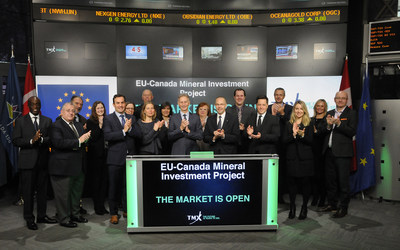 His Excellency Peteris Ustubs, European Union (EU) Ambassador to Canada, joined Dean McPherson, Head, Business Development, Global Mining, TMX Group, to open the market. The Feasibility Study for an EU-Canada Mineral Investment Project was commissioned to assess the feasibility of a strategic platform to promote structured cooperation between Canada and the EU across the non-energy extractive industry. The EU is holding its second workshop of the EU-Canada Mineral Investment Facility Feasibility Study, which will be held at the Westin Harbour Castle in Toronto on November 15, 2017. (CNW Group/TMX Group Limited)