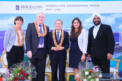 Minister of International Trade, Francois-Philippe Champagne poses with Magellan Executive team Mr. Haydn Martin, Mr. Jasdeep Bevli, and Ms. Jennifer Daubeny, Consul General, Bengaluru at the groundbreaking ceremony for Magellan Aerospace's new manufacturing and assembly facility in Devanahalli, India. (CNW Group/Magellan Aerospace Corporation)