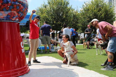 Attendees enjoying the life-size tennis ball dispenser at one of the #GiveAFetch events