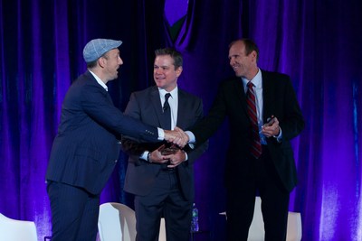 New York, September 19, 2017: Gary White and Matt Damon, Founders of Water.org and WaterEquity receive Forbes Lifetime Achievement Award for Social Entrepreneurship from Randall Lane, Editor, Forbes. Photo courtesy Forbes/Johnny Wolf