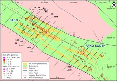 Geology and gold mineralization at the Fako and Fako South Target Areas, Bondoukou Project (CNW Group/Spada Gold Ltd.)