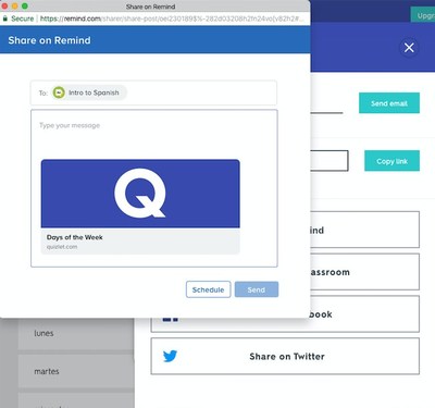 Clicking the Share on Remind button on Quizlet takes educators directly to the Remind composer.