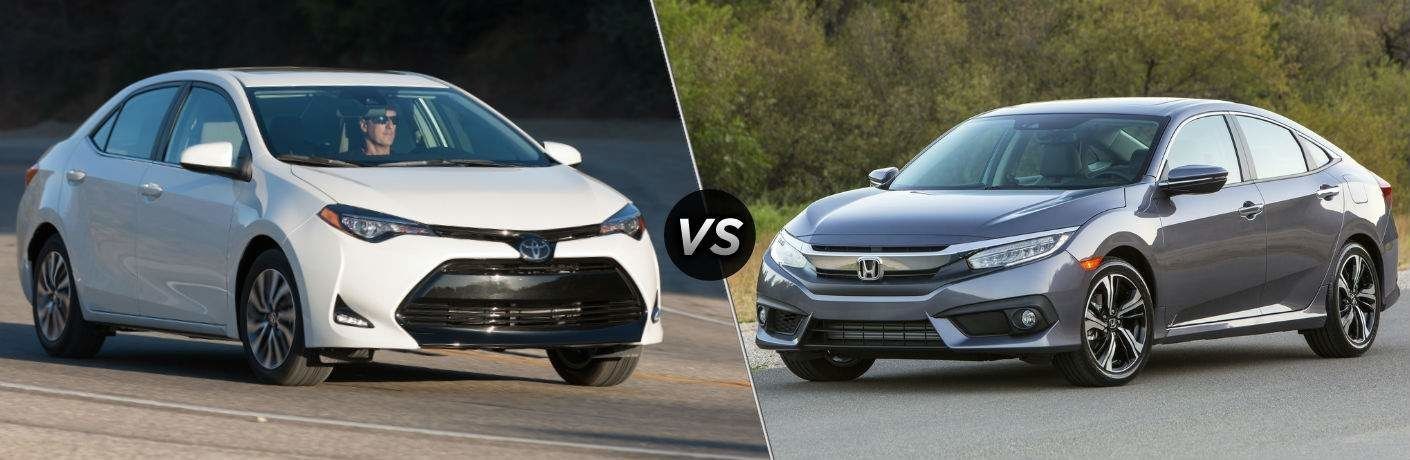 The 2018 Toyota Corolla, seen here next to the Honda Civic, is available now at Arlington Toyota in Palatine, Illinois.
