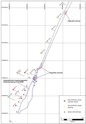 Figure 1: Location of Drilling and Interpreted Trend of Lithium-Bearing Pegmatite, Bergby Project. Grid presented in SWEREF coordinate system (CNW Group/Leading Edge Materials)