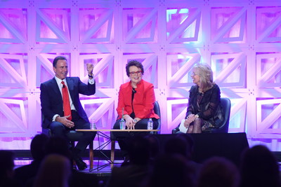 Caesars Entertainment CEO Mark Frissora is joined on stage by Billie Jean King and Caesars Executive Vice President Jan Jones Blackhurst to announce the company's commitment to gender equality.