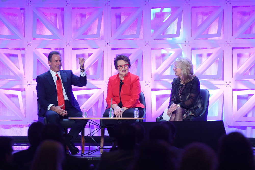 Caesars Entertainment CEO Mark Frissora is joined on stage by Billie Jean King and Caesars Executive Vice President Jan Jones Blackhurst to announce the company’s commitment to gender equality.