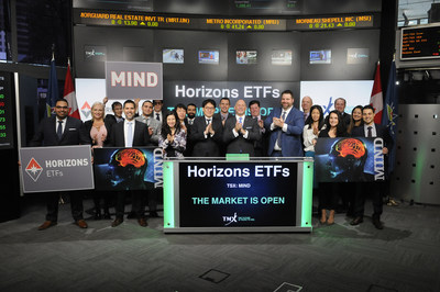 Steve Hawkins, President and Co-CEO, Horizons ETFs, joined Dani Lipkin, Head, Business Development, Exchange Traded Funds, Closed-End Funds, and Structured Notes, TMX Group, to open the market to launch Horizons Active A.I. Global Equity ETF (MIND). Horizons ETFs is a financial services company and a subsidiary of the Mirae Asset Financial Group. Horizons currently has 80 Exchange Traded Funds listed on Toronto Stock Exchange, with a market capitalization of over $8.9 billion. MIND commenced trading on Toronto Stock Exchange on November 1, 2017. (CNW Group/TMX Group Limited)