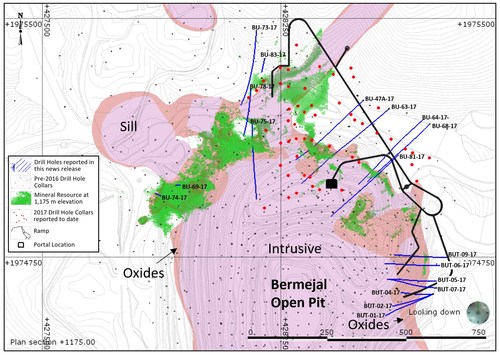 Figure 1: Plan View Map of Bermejal Area Showing Geology, Drill Holes Reported and Outline of Bermejal Underground Resource (CNW Group/Leagold Mining Corporation)