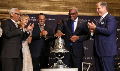 Traditional SLS Ringing of the Bell Ceremony. Left to Right: Bahamas Tourism and Aviation Minister Hon. Dionisio D'Aguilar and Mrs. D'Aguilar; Sam Nazarian, Founder & CEO of sbe; Honorable Dr. Hubert Minnis, Prime Minister of the Commonwealth of the Bahamas; Graeme Davis, President of Baha Mar