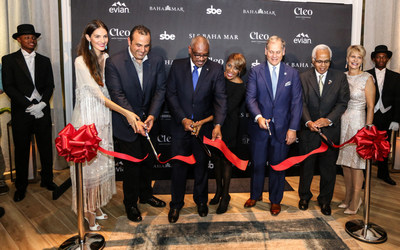 SLS Baha Mar Ribbon Cutting Ceremony. Left to Right: Emina Cunmulaj; Sam Nazarian, Founder & CEO of sbe; Honorable Dr. Hubert Minnis, Prime Minister of the Commonwealth of the Bahamas and Mrs. Minnis; Graeme Davis, President of Baha Mar; Bahamas Tourism and Aviation Minister Hon. Dionisio D'Aguilar and Mrs. D'Aguilar.