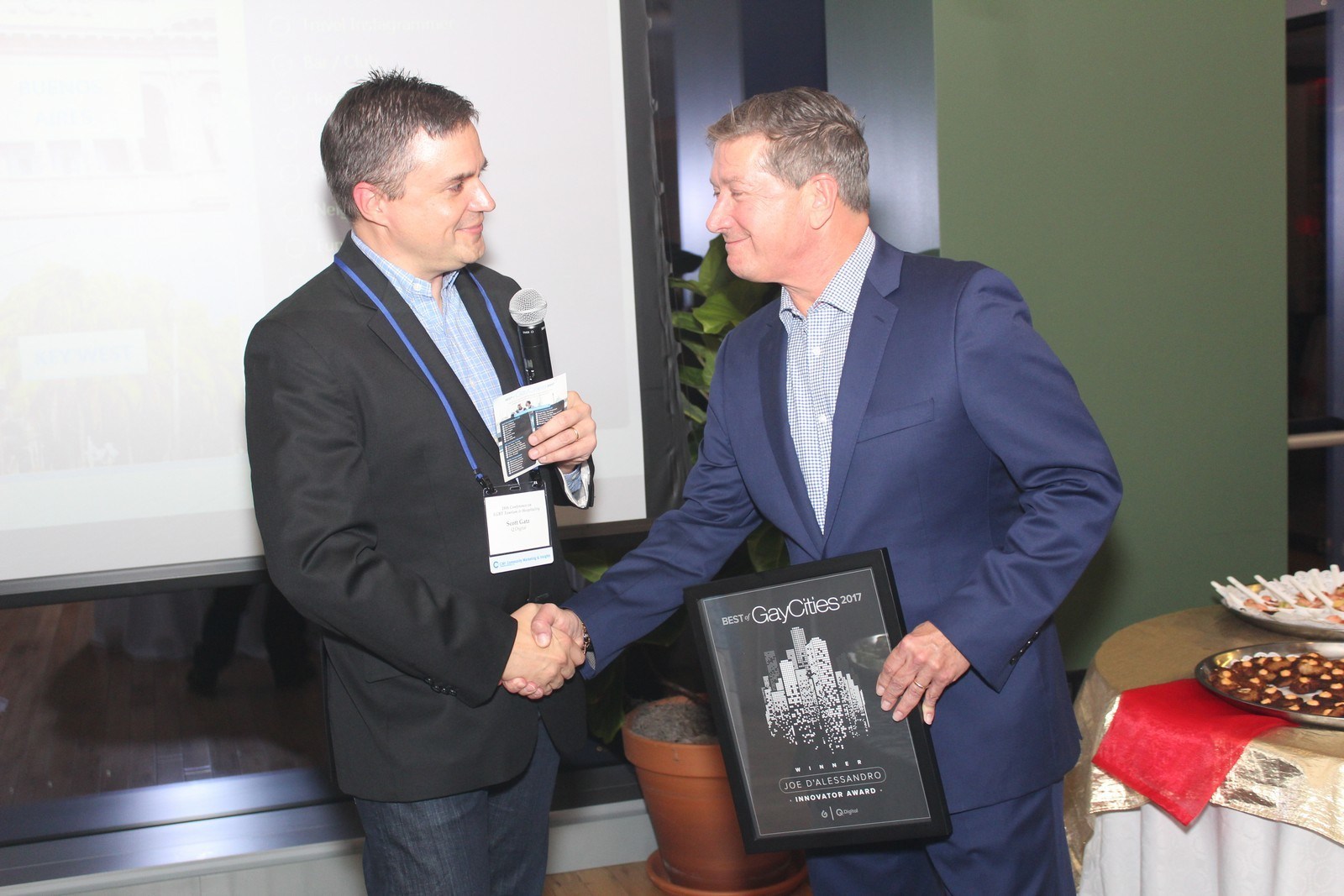 Joe D’Alessandro (the recipient of the 2017 Innovator Award) and Scott Gatz (the CEO of GayCities) at the Best of GayCities Award Reception on November 1, 2017.