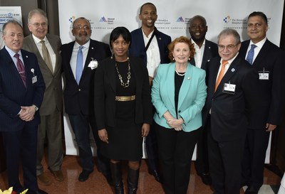 At The Brooklyn Hospital Center-Mount Sinai Heart comprehensive cardiac care celebration: Gary G. Terrinoni, TBHC President and CEO; Arthur Klein, MD, President, The Mount Sinai Health Network; Bernard Drayton, TBHC Trustee; Xamalya Rose, The Brooklyn Hospital Foundation Trustee; NYS Assemblyman Walter Mosley; NYS Assemblymember Jo Anne Simon; Lenue H. Singletary, III, TBHC Trustee; Carlos P. Naudon, Chairman, TBHC Board of Trustees; and John Gupta, TBHC Exec. VP & Chief Strategy Officer.