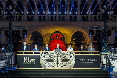 Guests of honour officiate the 10th anniversary celebration for The Venetian Macao Monday at the integrated resort's outdoor lagoon. Left to right: Patrick Dumont, executive vice president and chief financial officer of Las Vegas Sands Corp.; Alexis Tam Chon Weng, secretary for Social Affairs and Culture of the Macao Special Administrative Region; Yao Jian, vice director of the Liaison Office of the Central People's Government in the Macao Special Administrative Region; Edmund Ho, vice chairman of the National Committee of the Chinese People's Political Consultative Conference; Wang Dong, deputy commissioner of the Office of the Commissioner of the Ministry of Foreign Affairs of the People's Republic of China in the Macao Special Administrative Region; Dr. Wilfred Wong, president of Sands China Ltd.; Paulo Martins Chan, director of the Gaming Inspection and Coordination Bureau of the Macao Special Administrative Region