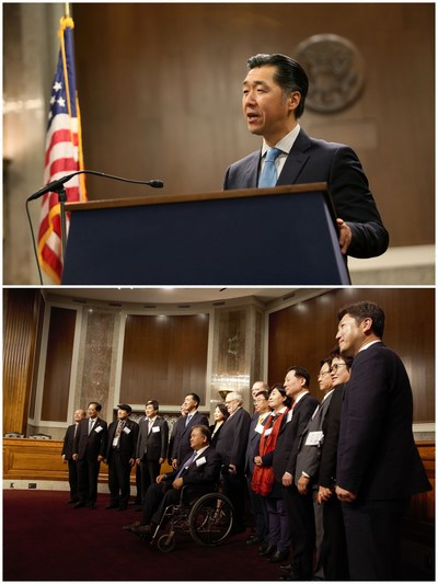 Above:  Global Peace Foundation Chairman Dr. Hyun Jin P. Moon said unification remains the dream of all Koreans, but that “contextualizing Korea’s future in its founding ideals removes all the foreign constructs and allows the Korean people to take charge of their own destiny.” Below: A delegation of six members of Korea’s National Assembly join leaders representing Action for Korea United, a coalition of more than 900 civil society organizations supporting unification efforts, at the “International Forum in One Korea 2017: Solutions to the Korean Peninsula Crisis” in Washington, D.C.
