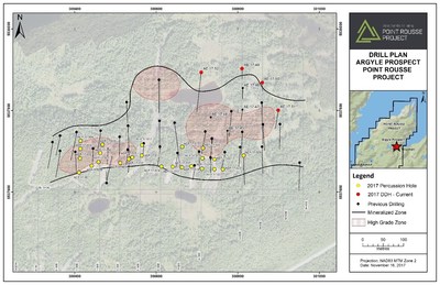 Exhibit A.  A map showing the location of diamond drill holes reported in this press release (red) and percussion drill holes (yellow) and previous drilling (black).  The high-grade areas are outlined in red with all mineralization outlined in black. (CNW Group/Anaconda Mining Inc.)