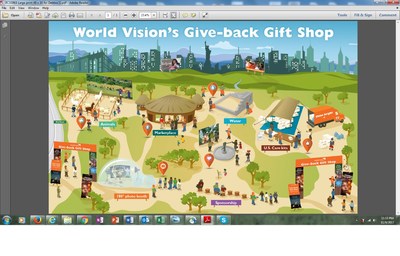 Rendering of World Vision’s Give-back Gift Shop, featuring live farm animals, a Mongolian Ger, a working water pump, and a 360-degree snow-globe photo booth.