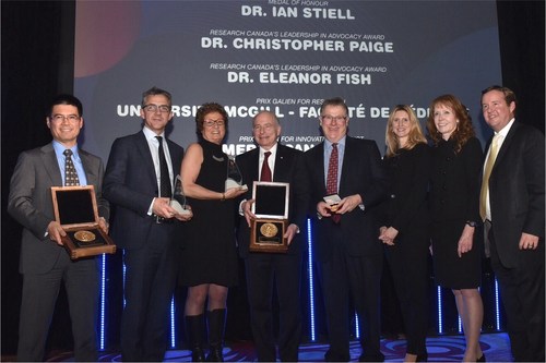 Left to right: Dr. Augusto Villanueva, Merck Canada Inc.;  Dr. Bradly Wouters on behalf of Dr. Christopher Paige; Dr. Eleanor Fish; Dr. Ernesto Schiffrin; Dr. Ian Stiell; Kristin Wall, Norton Rose Fulbright; Pamela Fralick, Innovative Medicines Canada; Hugh Scott, Health Research Foundation (CNW Group/Health Research Foundation)